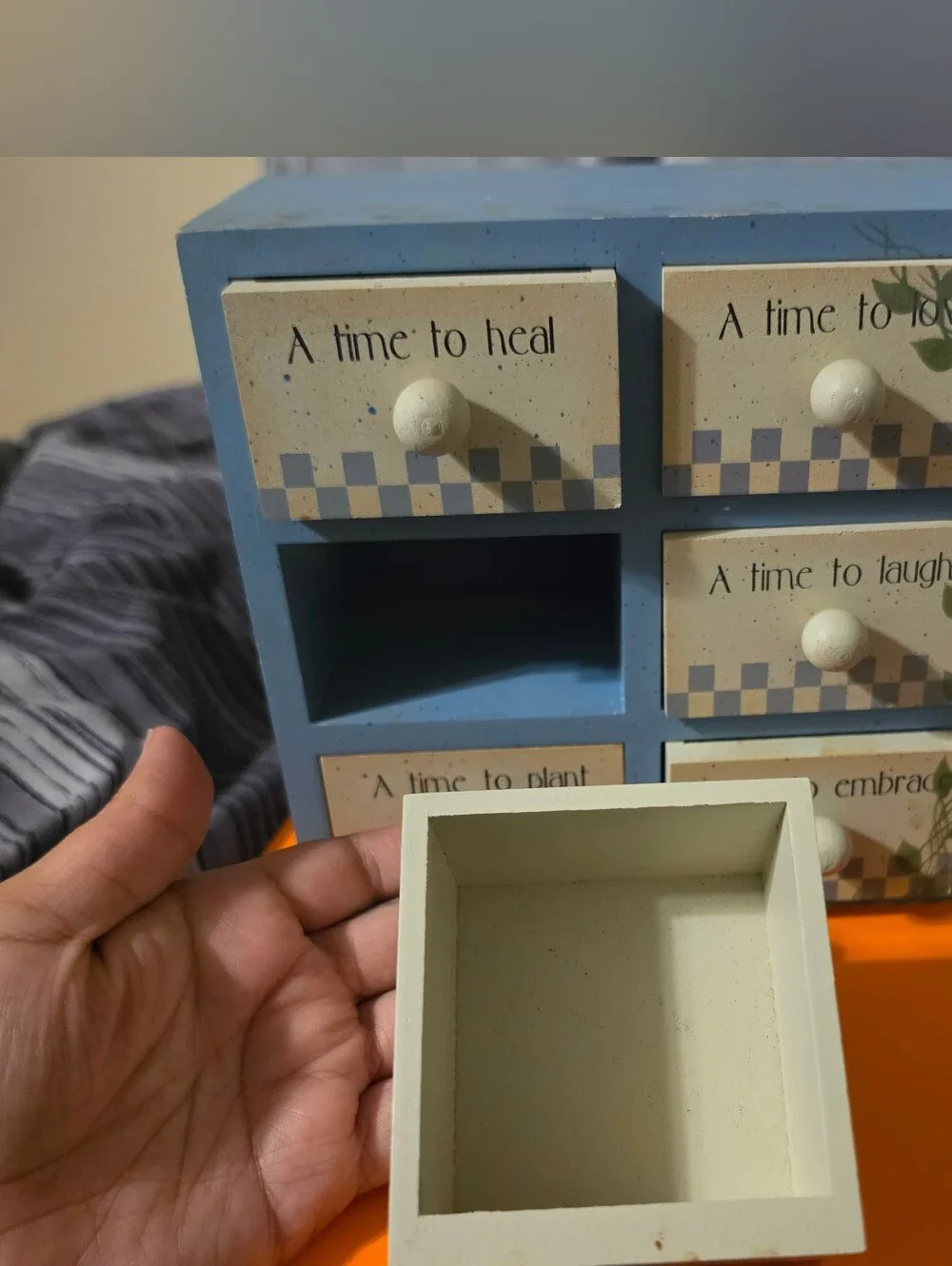 Vintage Inspirational Six Mini Drawer Decor in Blue and Cream Checkers